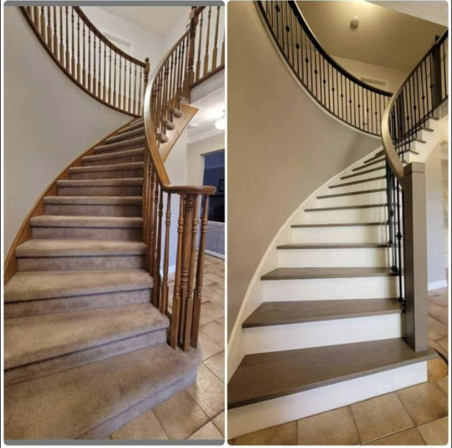 Staircase renovation before and after with modern wood treads and metal railings